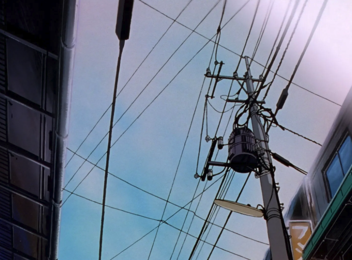 Imagery of telephone lines from background art in Neon Genesis Evangelion. The viewer is looking from street level upwards towards the power lines, with slight bits of surrounding buildings also visible.